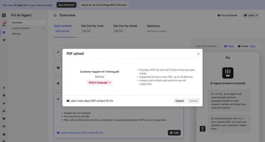 Intercom
			 content management configuration artificial intelligence form file upload upload image file upload modal machine learning cancel trial file uploader upload file upload media upload documents image gallery trainings file picker connect service ui page example