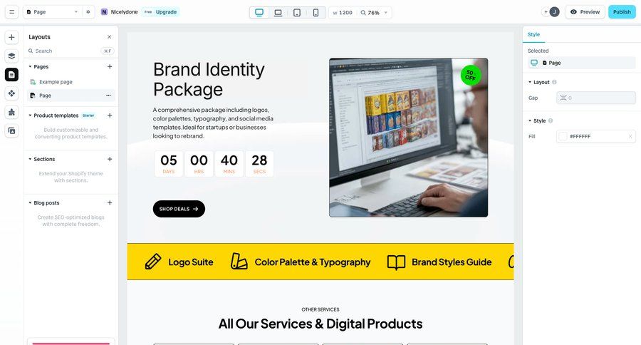 Instant
			 content management e-commerce editor style customization extend trial typography color palette color theme call to action sidebar product details detail view item details info view modern ui page example