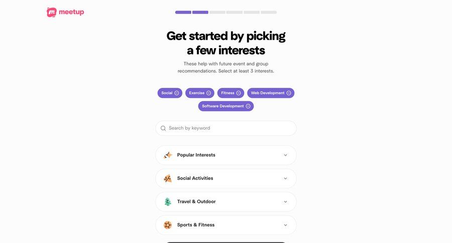 Meetup
			 onboarding progress indicator progress tracking fitness progress bar modern search bar ui page example