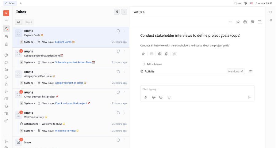Huly
			 task management collaboration sidebar navigation project management issue tracking email inbox sidebar detail view communication menu ui page example