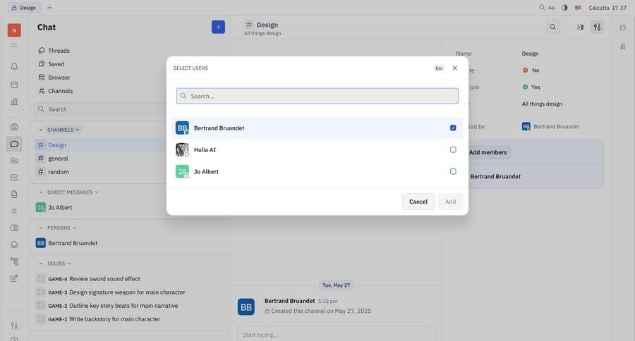 Huly
			messaging team invite teammate modal screen collaboration user management onboarding communication ui page example