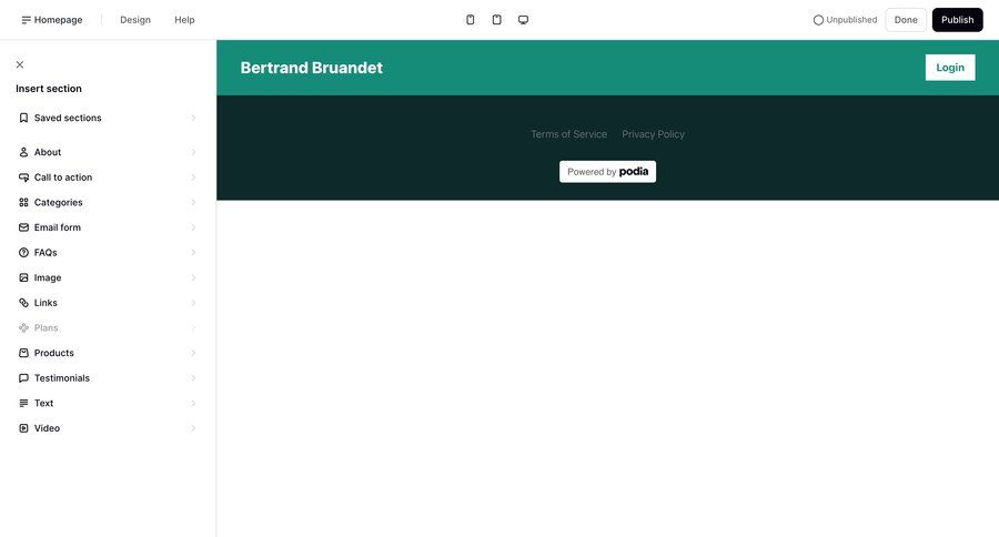 Podia
			 content management e-commerce sidebar navigation editor design content blocks video editor sidebar testimonials ui page example