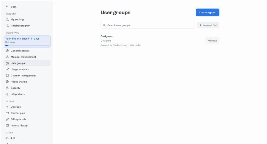 Slite
			settings list team success state workspace settings collaboration settings sidebar navigation sidebar menu ui page example