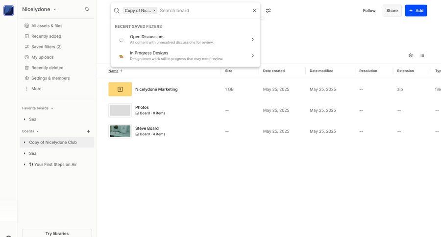 Air
			 collaboration sidebar navigation file management file organization file list screen data display sidebar table search results ui page example