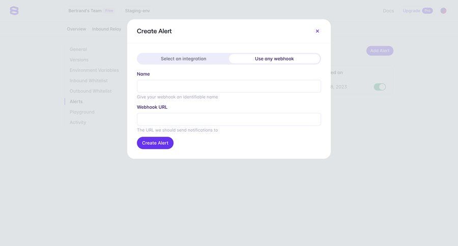 Evervault
			 modal screen configuration form alert create integration webhook integration ui page example