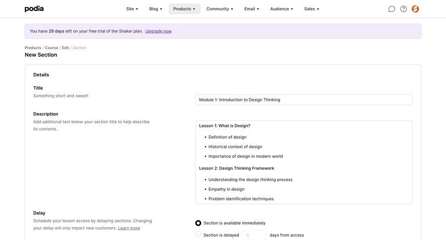 Podia
			content editor form education program content management form editor course creation free trial wysiwyg create ui page example