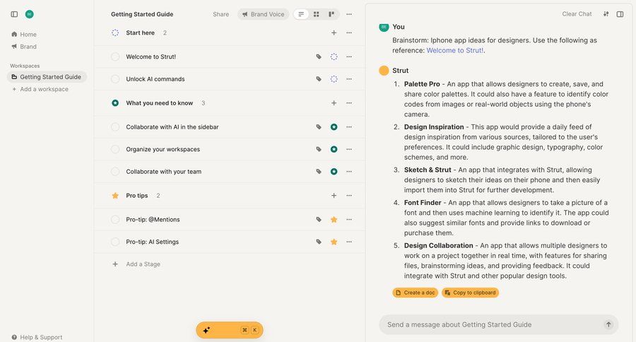 Strut
			 collaboration sidebar navigation onboarding design split view conversational interface getting started typography color palette call intelligence guide sidebar message chat chat interface ui page example