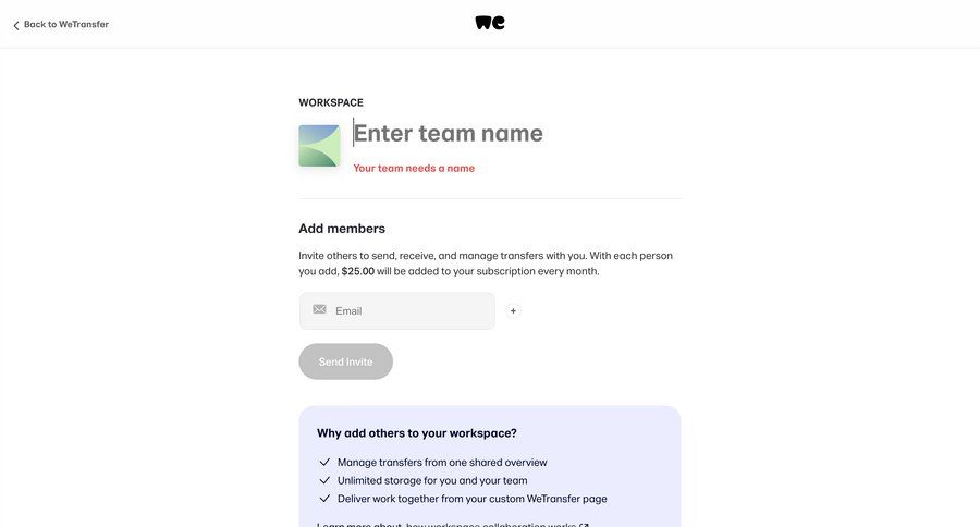 WeTransfer
			 collaboration team collaboration onboarding form team creation user invitation ui page example