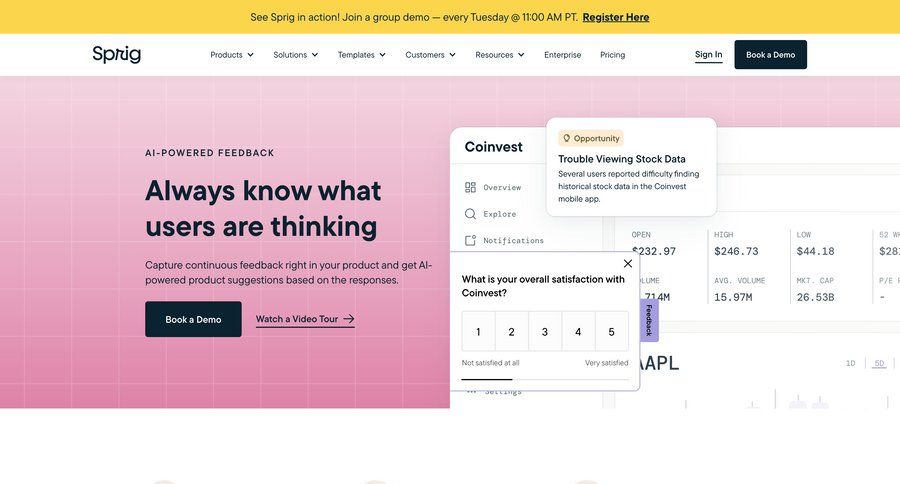 Sprig
			 features management call recording insight features testimonials case studies customer stories marketing website design search suggestions suggestion ui page example