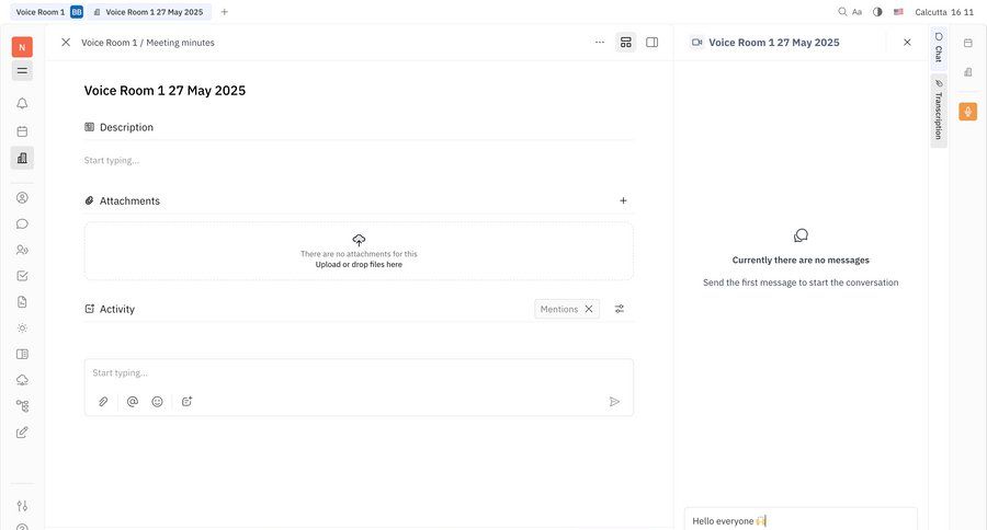 Huly
			 collaboration team collaboration sidebar navigation grid file upload full-screen layout drag and drop attachment sidebar communication chat upload file meeting ui page example