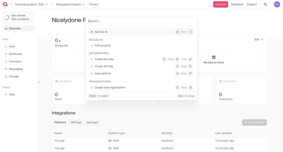 Appwrite
			 quick actions global search project dashboard ui page example