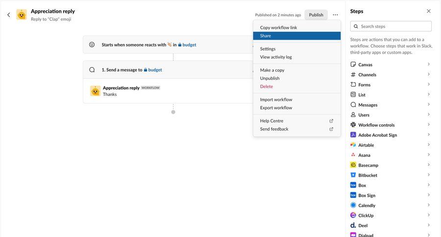Slack
			 configuration workflow automation delete workflow builder workflow automation workflow creation workflow configuration automation setup workflow steps workflow editor sidebar menu integration chatbot ui page example