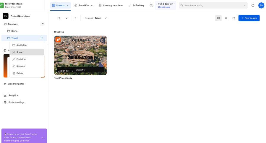 Creatopy
			 collaboration dashboard sidebar navigation project management grid project setup design folder management menu sharing project dashboard ui page example