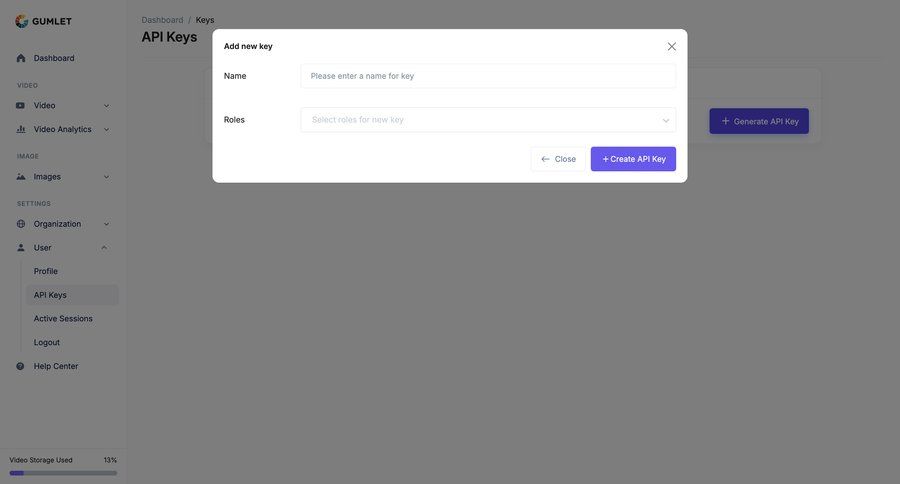 Gumlet
			 modal screen settings sidebar navigation form user settings api management security create ui page example
