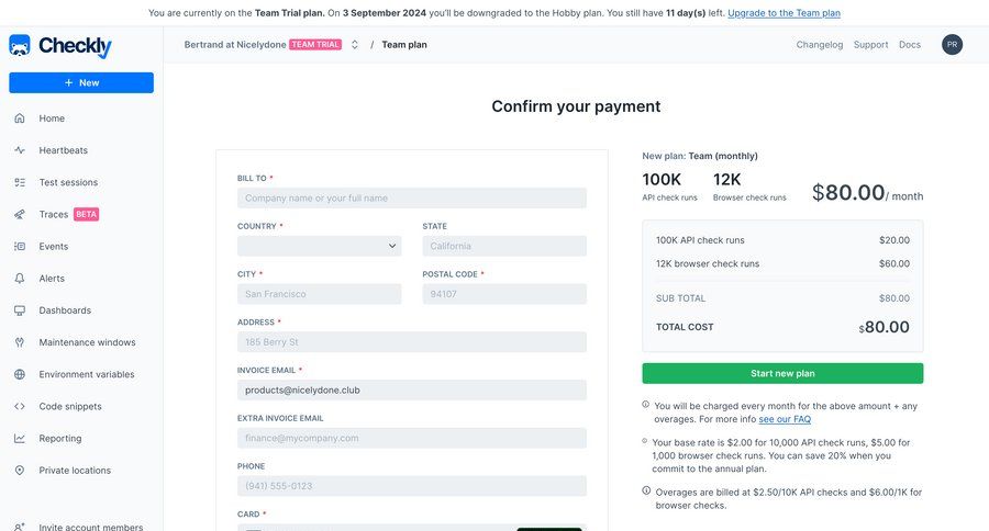 Checkly
			 form account settings subscription management trial checkout billing history pay checkout screen payment page pay bill payment confirmation summary payment processing ui page example