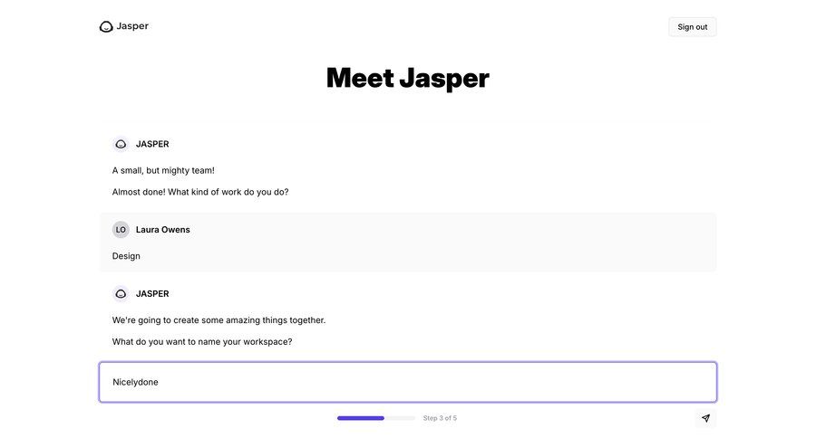 Jasper
			 onboarding progress indicator conversational ui workspace creation setup progress bar ui page example