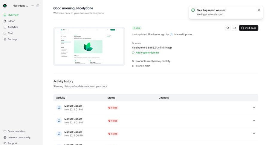 Mintlify
			 content management dashboard sidebar navigation onboarding dashboard overview activity tracking dashboard notification sidebar monitoring recent activity social feed newsfeed activity stream documentation modern table version history toast notification global search markdown editor ui page example
