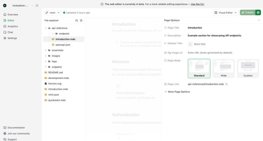 Mintlify
			 sidebar navigation editor tree view file management content management system documentation markdown editor ui page example
