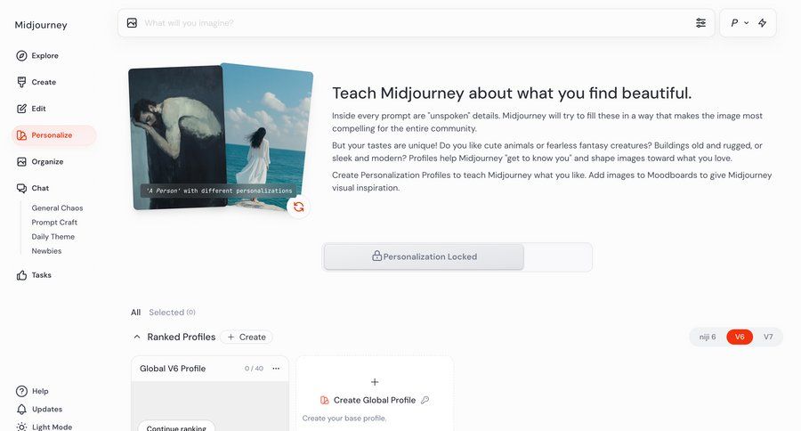 Midjourney
			 settings sidebar navigation artificial intelligence onboarding full-screen layout machine learning sidebar profile creation ui page example