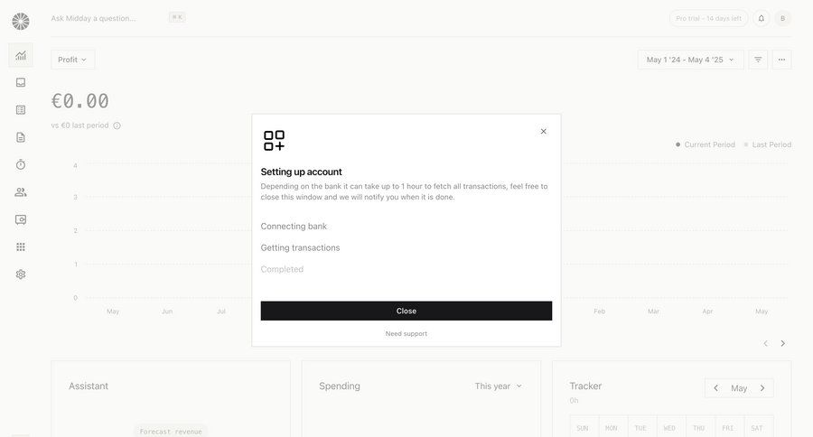 Midday
			 dashboard account management onboarding account setup finance progress indicator progress tracking ui page example