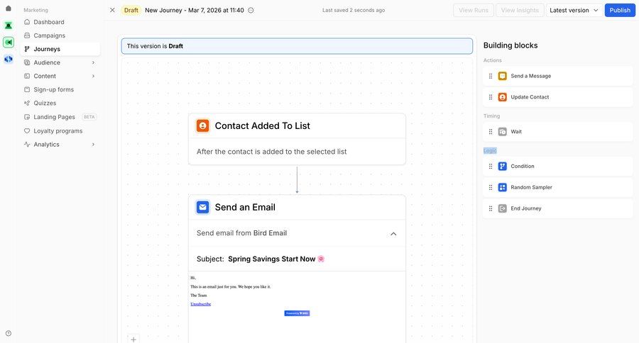 Bird
			 drag and drop workflow builder marketing automation node based editor ui page example