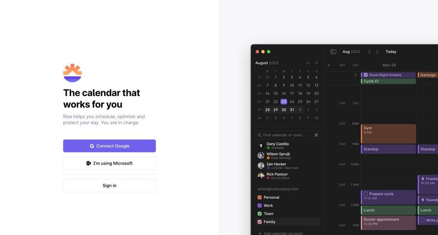 Rise
			 user authentication split screen account creation calendar management calendar events calendar screen login sign in signup register menu time management ui page example