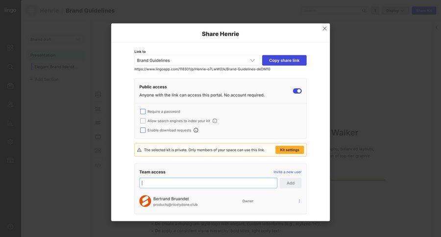 Lingo
			share modal & popover invite teammate modal screen collaboration settings form design share modal access control sharing permissions ui page example