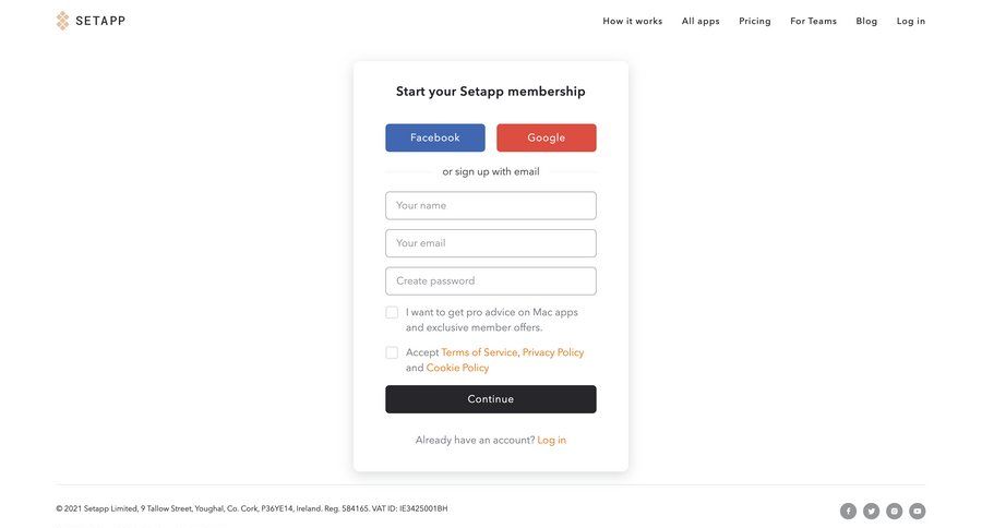 Setapp
				signup page example