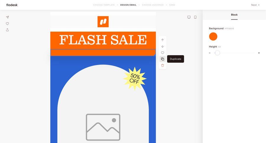Flodesk
			 editor design wysiwyg announcement duplicate ui page example