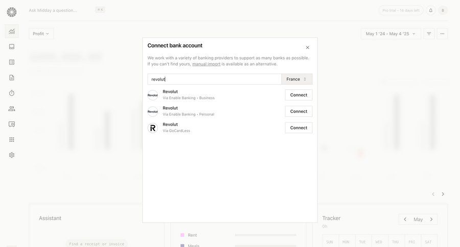 Midday
			 settings account management onboarding form account setup finance account settings autocomplete ui page example