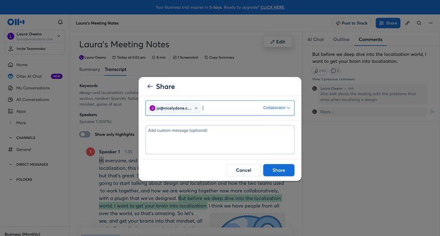 Otter
			 collaboration form share modal upgrade modal cancel trial call transcript tips meeting transcript localization sharing ui page example