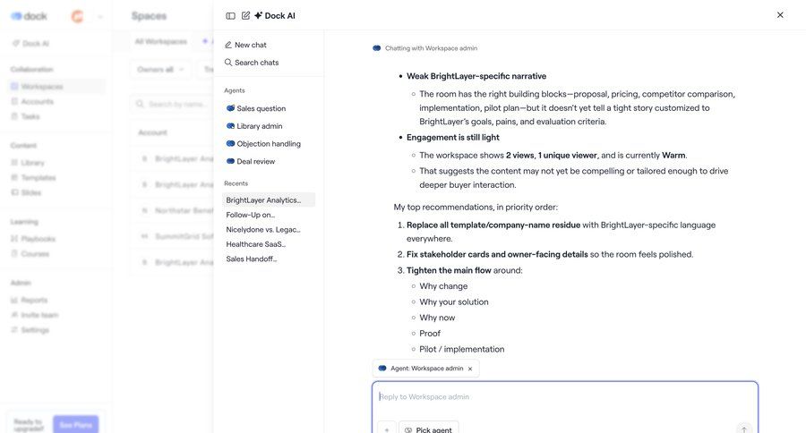 Dock
			 collaboration conversational ui content recommendation three-column grid hierarchical navigation conversational interface sidebar navigation bar menu chat interface modern ai chat ui page example