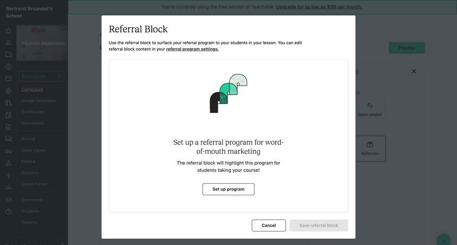 Teachable
			referral & invite your friends configuration settings modal dialog setup ui page example