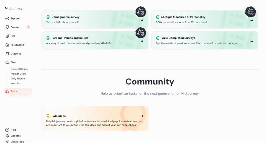 Midjourney
			home list community dashboard sidebar navigation artificial intelligence onboarding user feedback ui page example