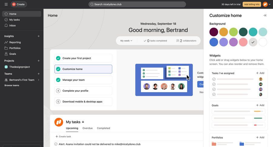 Asana
			 task management team collaboration dashboard sidebar navigation project management onboarding project tracking sidebar alert personal space menu progress bar task management dashboard modern download report widgets ui page example
