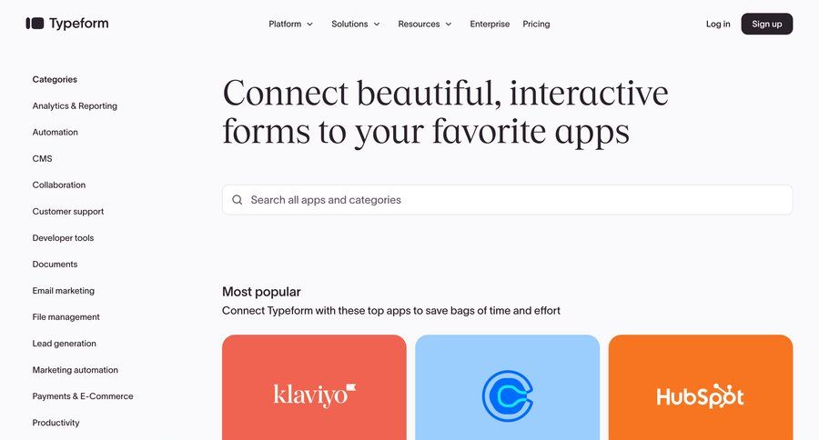 Typeform
				integrations ui page example