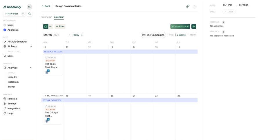 Assembly
			 content management configuration settings dashboard project management grid design right sidebar schedule calendar screen content scheduling parameters chonology menu date filter time selector analytics ui page example
