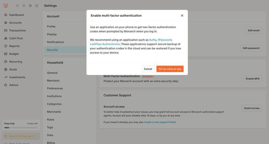 Monarch
			 settings sidebar navigation account setup finance modal dialog account security account settings authentication sidebar security configuration screen security configuration ui page example