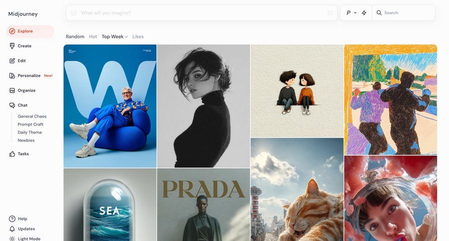 Midjourney
			 artificial intelligence grid design content discovery menu image gallery search bar ui page example