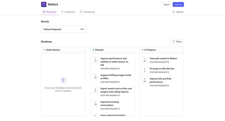 Reflect
			 features management call transcript features changelog review transcript ui page example