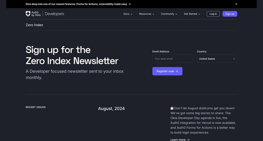 Auth0
			signup timeline changelog newsletter auth signup create new account register press release changelog update timeline ui check out newsletter signup ui page example