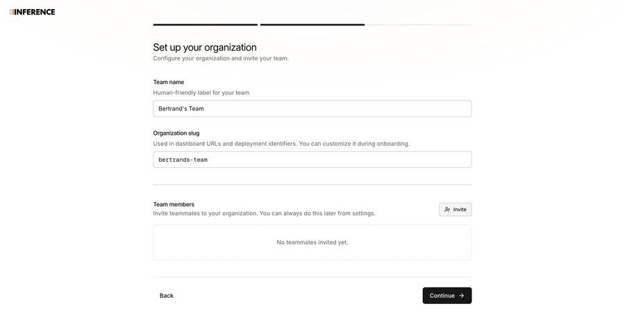Inference
			settings onboarding team account setup progress indicator workspace creation b2b saas ui page example