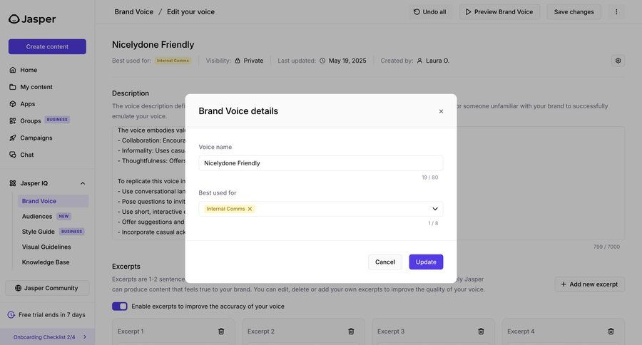 Jasper
			 modal screen settings sidebar navigation artificial intelligence form update ui page example