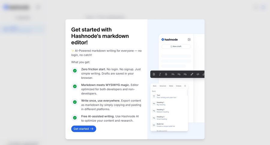 Hashnode
			 onboarding onboarding modal call to action setup on boarding version control markdown editor ui page example