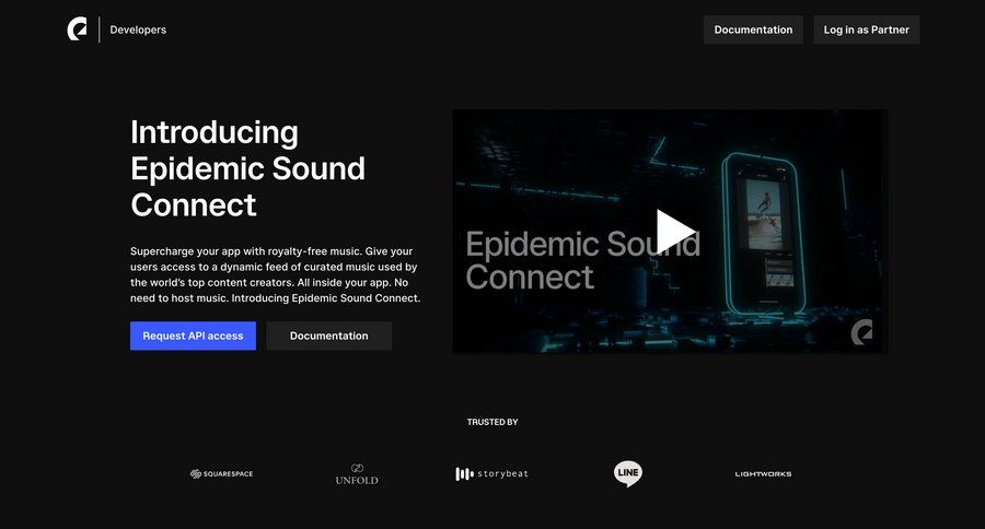 Epidemic Sound
			api developers section press release doc media assets ui page example