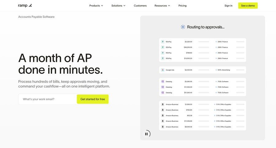 Ramp
			product page feature demo accordion bulk import features suggestion user role payment method order tracking search suggestions bulk edit connect service extend trial pricing calculator global search features management pay bill command k ui page example