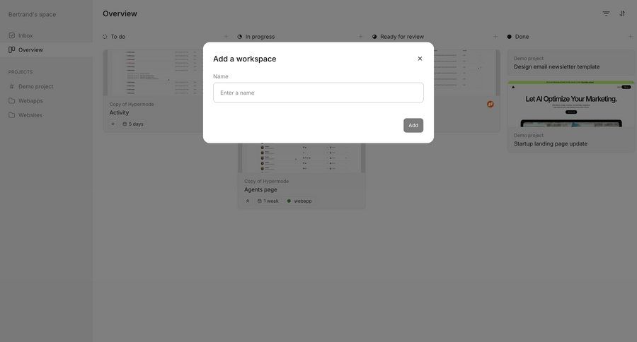 Workflow
			create form modal & popover workspace settings dashboard project management form workspace management sidebar ui page example