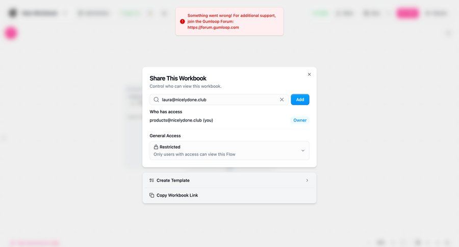 Gumloop
			 collaboration share modal access control workflow editor ui page example