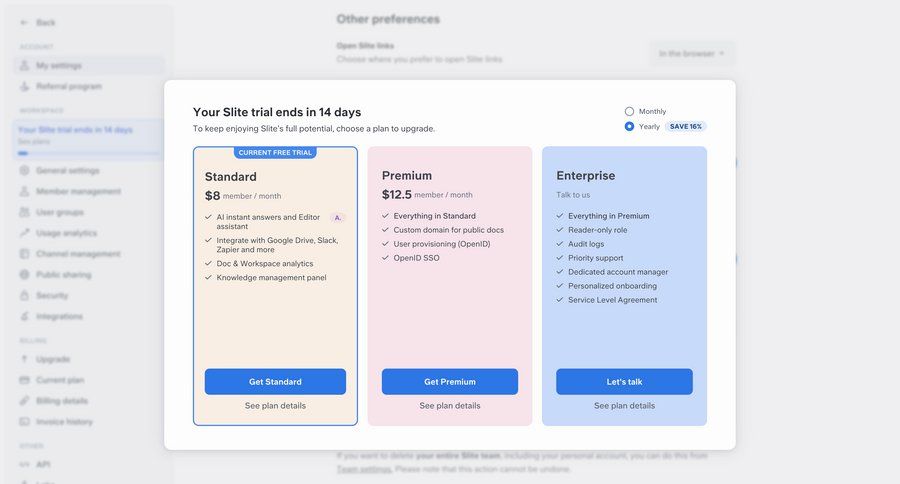 Slite
			 plan comparison price features ui page example