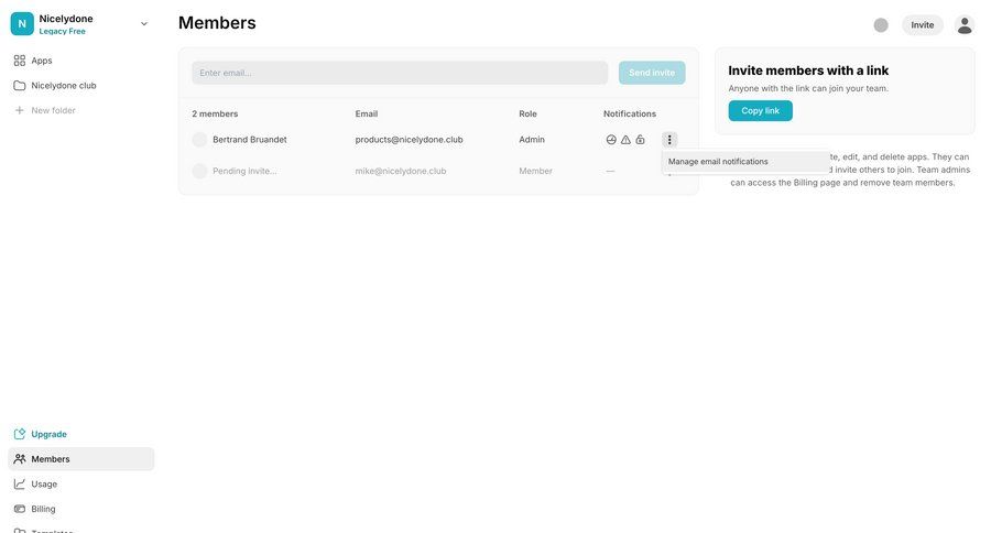 Glide
			 settings sidebar navigation notification management user invitation menu table ui page example